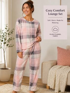 Joyspun Pink Gray Plaid Fleece Pajama Set Size L (12–14)